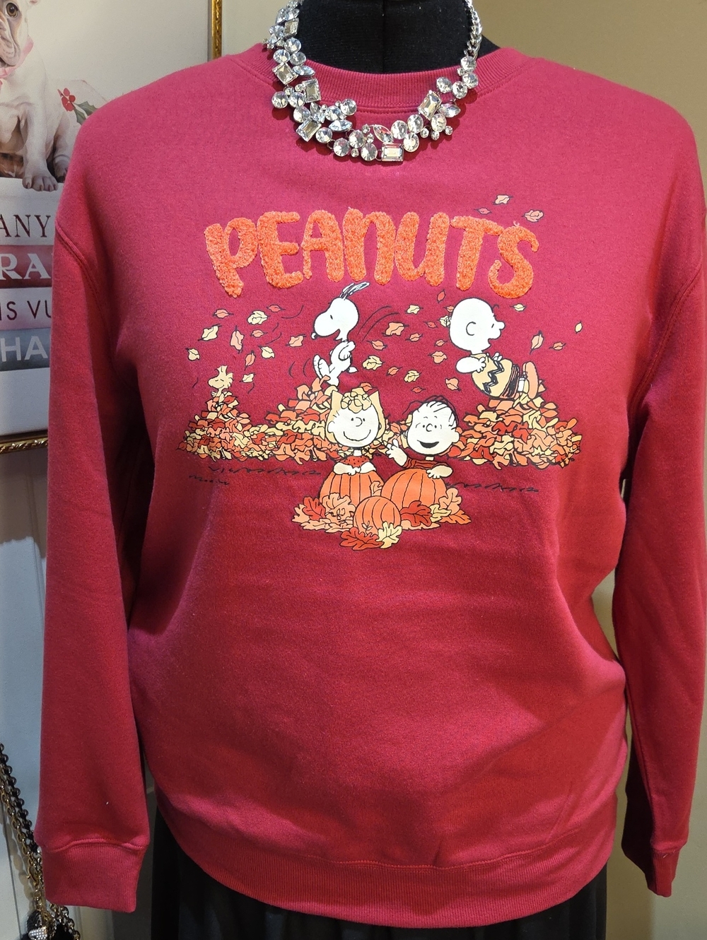 New 1X Peanuts Red/burgundy Crewneck Sweatshirt with Fall Graphic